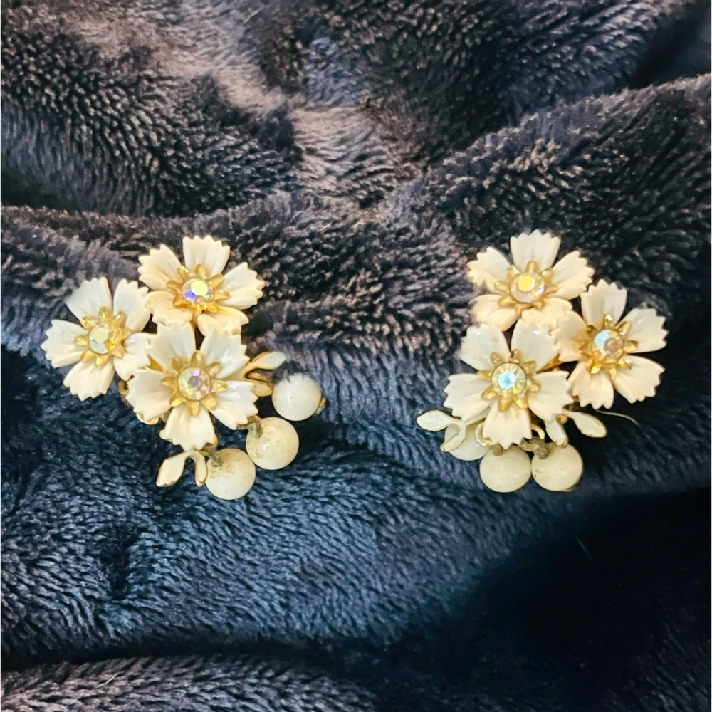 Vintage Coro AB Crystal and Cream Floral Clip on Earrings